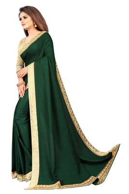 Dark Green Vichitra Silk Fancy lace Bollywood saree With Jacquard Blouse Piece. 2