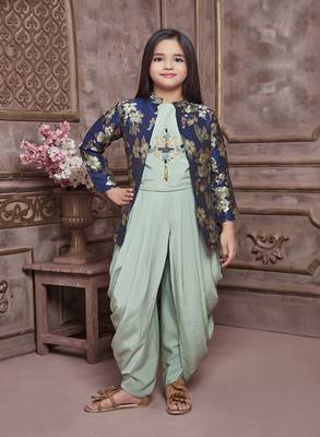 Synthetic Pista Green Kids Girls Patiala Set 1