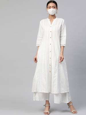 Juniper White Cotton Dobby Printed A-Line Kurta with Mask 1