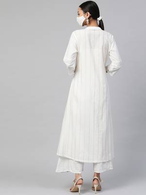 Juniper White Cotton Dobby Printed A-Line Kurta with Mask 2