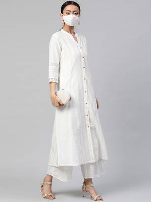 Juniper White Cotton Dobby Printed A-Line Kurta with Mask 3