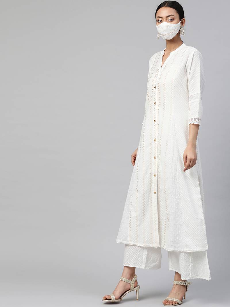 Juniper White Cotton Dobby Printed A-Line Kurta with Mask