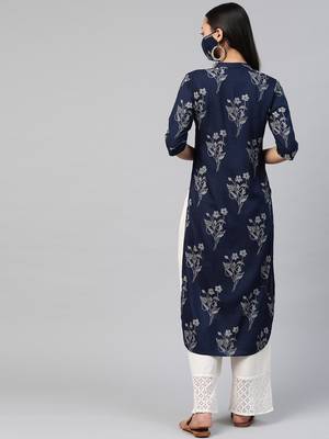 Juniper Indigo Rayon Slub Bandhani Pathani Kurta with Mask 2