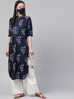 Juniper Indigo Rayon Slub Bandhani Pathani Kurta with Mask 3