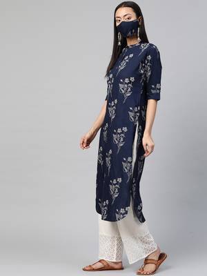 Juniper Indigo Rayon Slub Bandhani Pathani Kurta with Mask 4