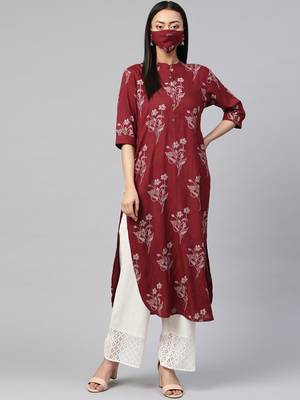 Juniper Maroon Rayon Slub Bandhani Pathani Kurta with Mask 1