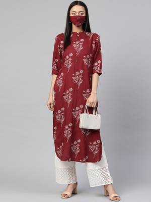 Juniper Maroon Rayon Slub Bandhani Pathani Kurta with Mask 3