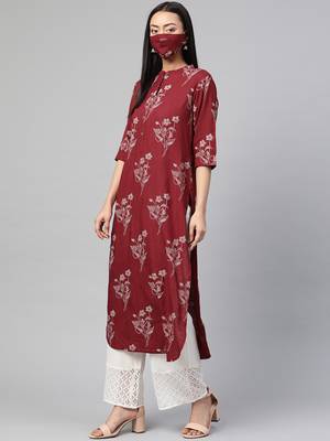 Juniper Maroon Rayon Slub Bandhani Pathani Kurta with Mask 4