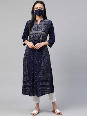 Juniper Indigo Rayon Slub Bandhani A-line Kurta with Mask 1