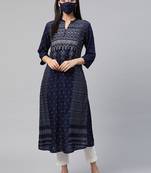 Juniper Indigo Rayon Slub Bandhani A-line Kurta with Mask