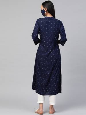 Juniper Indigo Rayon Slub Bandhani A-line Kurta with Mask 2