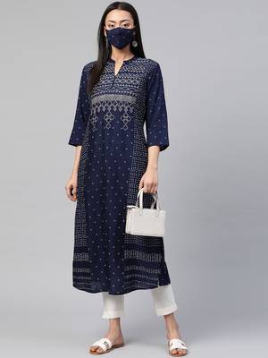 Juniper Indigo Rayon Slub Bandhani A-line Kurta with Mask 3
