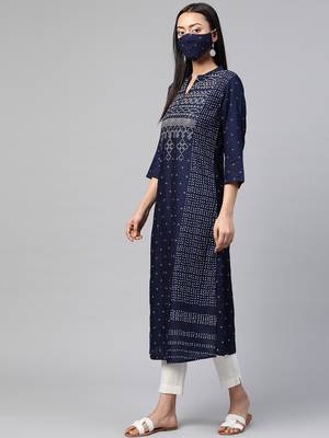 Juniper Indigo Rayon Slub Bandhani A-line Kurta with Mask 4