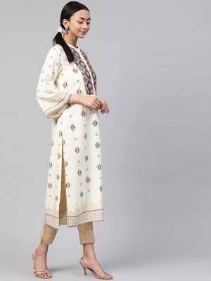 Juniper Ivory Rayon Printed Straight Kurta Dupatta Set with Rubber-band 4