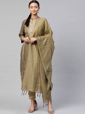 Juniper Brown Rayon Printed Straight Kurta Dupatta Set with Rubber-band 1