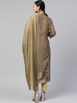 Juniper Brown Rayon Printed Straight Kurta Dupatta Set with Rubber-band 2