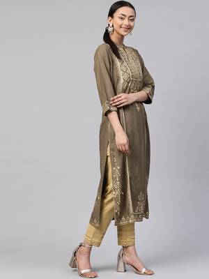 Juniper Brown Rayon Printed Straight Kurta Dupatta Set with Rubber-band 4