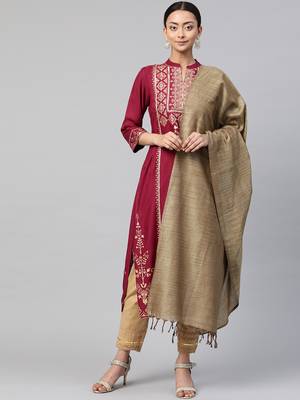 Juniper Wine Rayon Printed Straight Kurta Dupatta Set with Rubber-band 1