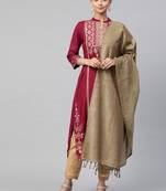 Juniper Wine Rayon Printed Straight Kurta Dupatta Set with Rubber-band