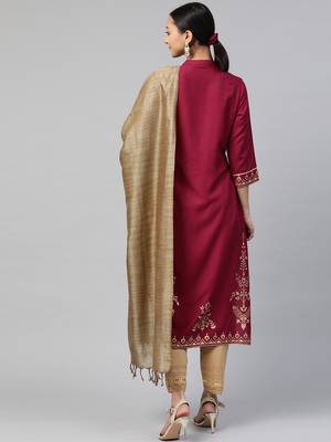 Juniper Wine Rayon Printed Straight Kurta Dupatta Set with Rubber-band 2