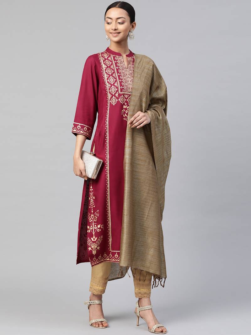 Juniper Wine Rayon Printed Straight Kurta Dupatta Set with Rubber-band