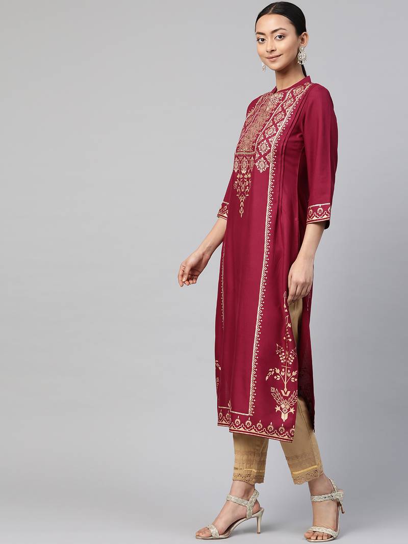 Juniper Wine Rayon Printed Straight Kurta Dupatta Set with Rubber-band