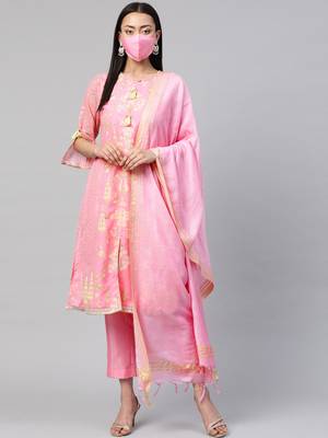 Juniper Pink Kurta Georgette Printed A-Line Kurta Pant Dupatta Set with Mask 1