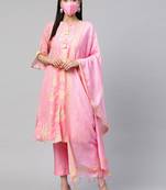 Juniper Pink Kurta Georgette Printed A-Line Kurta Pant Dupatta Set with Mask