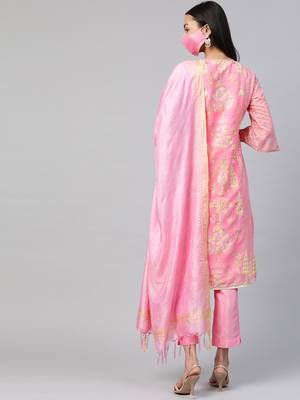 Juniper Pink Kurta Georgette Printed A-Line Kurta Pant Dupatta Set with Mask 2