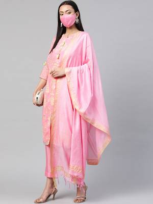 Juniper Pink Kurta Georgette Printed A-Line Kurta Pant Dupatta Set with Mask 3