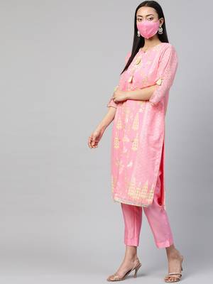 Juniper Pink Kurta Georgette Printed A-Line Kurta Pant Dupatta Set with Mask 4