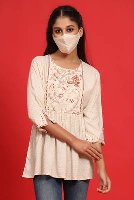 Juniper Ivory Rayon Slub Polka Print Peplum Tunic with Mask 1