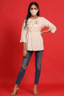 Juniper Ivory Rayon Slub Polka Print Peplum Tunic with Mask 3