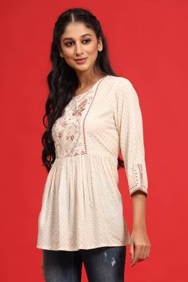 Juniper Ivory Rayon Slub Polka Print Peplum Tunic with Mask 4