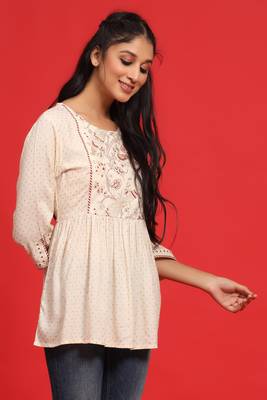 Juniper Ivory Rayon Slub Polka Print Peplum Tunic with Mask 5