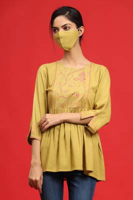 Juniper Olive Rayon Slub Polka Print Peplum Tunic with Mask 1