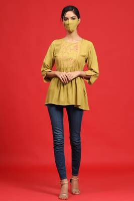 Juniper Olive Rayon Slub Polka Print Peplum Tunic with Mask 3