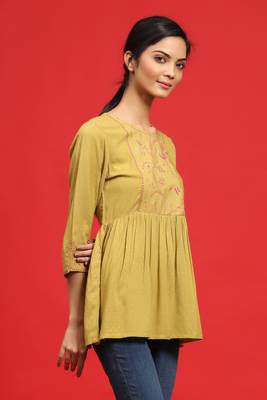 Juniper Olive Rayon Slub Polka Print Peplum Tunic with Mask 4