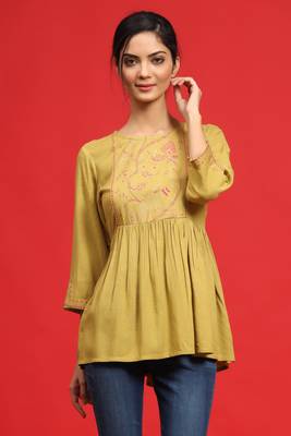 Juniper Olive Rayon Slub Polka Print Peplum Tunic with Mask 5