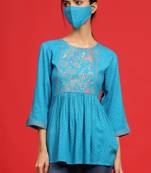 Juniper Skyblue Rayon Slub Polka Print Peplum Tunic with Mask