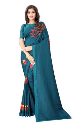 Dark Blue Vichitra Silk  Embriodered Saree With Solid Blouse Piece. 1