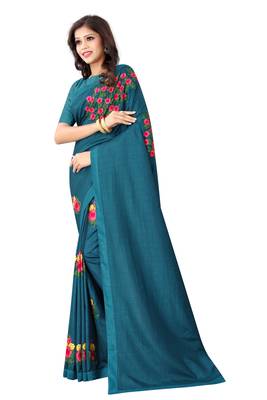 Dark Blue Vichitra Silk  Embriodered Saree With Solid Blouse Piece. 2