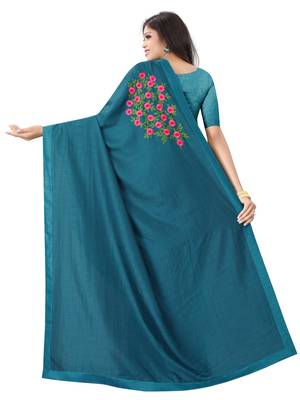 Dark Blue Vichitra Silk  Embriodered Saree With Solid Blouse Piece. 3