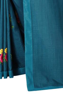 Dark Blue Vichitra Silk  Embriodered Saree With Solid Blouse Piece. 4