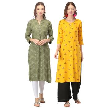 Yellow printed rayon combo-kurtis 1