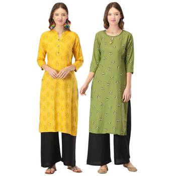 Yellow printed rayon combo-kurtis 1