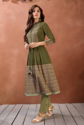 Navraj Women's Green Cotton Printed with Button Details Stitched Flared Kurta with Bottom Sets  1