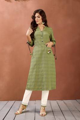 Navraj Women's Green Checkered Cotton Hand Work Kurta with Bottom Sets 1