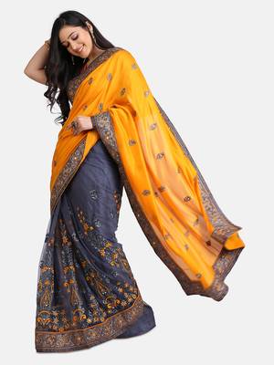 Yellow Embroidered Net Saree With Blouse 1