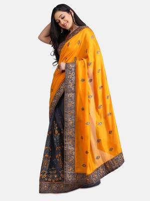 Yellow Embroidered Net Saree With Blouse 4